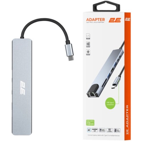 Концентратор 2E USB-C 8-in-1 1xUSB 2.0 + 1xUSB 3.0 + 2xUSB-C PD + HDMI + microSD/SD + 1xRJ45 0.13m gray (2E-W2681)