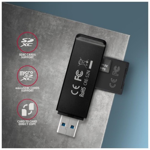 Зчитувач флеш-карт AXAGON USB-A 3.2 to SD/microSD 5Gbps black (CRE-S2N)