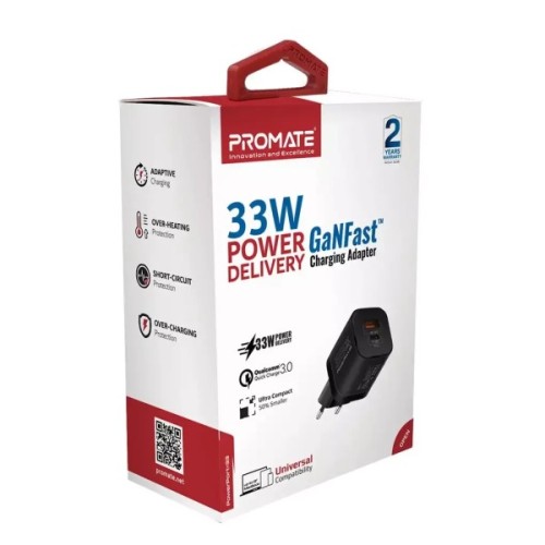 Зарядний пристрій Promate 33W USB-C + USB-A (powerport-33.black)