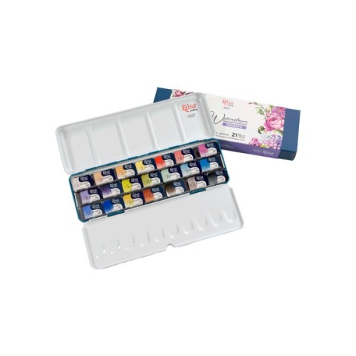 Акварельні фарби Rosa Gallery Romantic в металевому пеналі Бірюза 21 колір кювета (4823098525745)