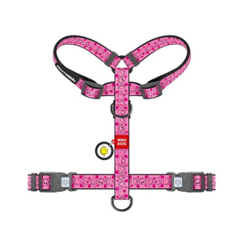Шлея для собак WAUDOG Nylon анатомічна H-подібна з QR-паспортом "Смайли на рожевому" пластиковий фастекс, XL (346-0187)