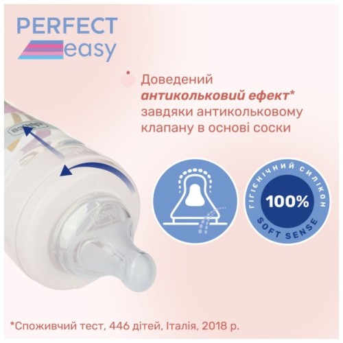 Пляшечка для годування Chicco Perfect Easy силіконова, від 0+ міс. повільний потік 240 мл, (20252.10)