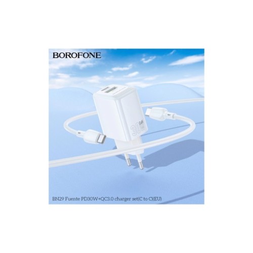 Зарядний пристрій BOROFONE BN29 Fuente 1xUSB-C PD30W + 1xUSB QC3.0 White (6941991120329)