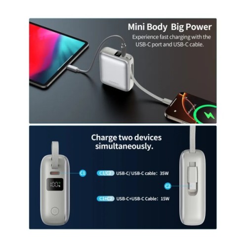 Батарея універсальна Choetech 10000mAh, 35W. PD/3.0, LED Display, buid-in type-C cabel, Silver (B832-SL)