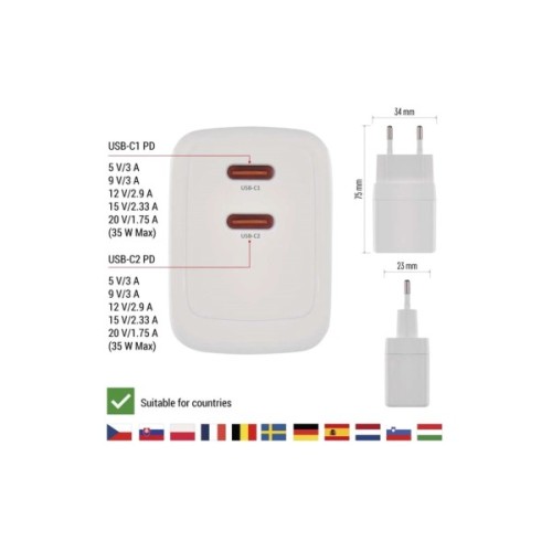 Зарядний пристрій EMOS V03G35 2xUSB-C 35W GaN (V03G35)