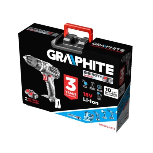 Шуруповерт Graphite Energy+ 18V безщітковий 2х2Ah, 58Нм, 0-500·0-1700об/хв, кейс (58G020-SET2)