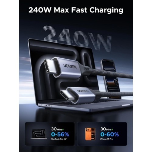 Дата кабель USB-C to USB-C 1.0m 240W 480Mbps braided black Ugreen (85973)