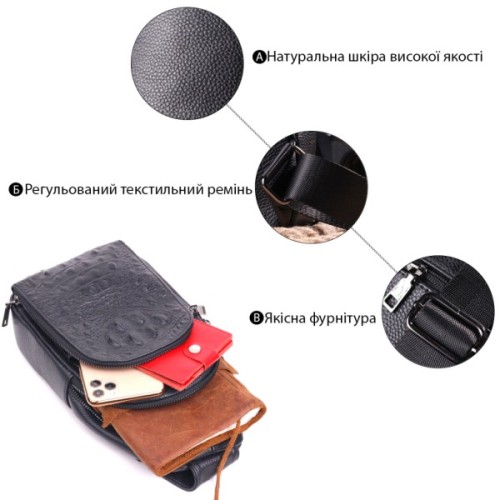 Сумка Vintage Слінг з натуральної фактурної шкіри Чорна (21400)