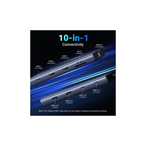 Порт-реплікатор Ugreen Dock CM639 USB3.2 Type-C --> HDMIx2, 60Hz/2xUSB-A/2xUSB-C 3.2/ RJ45/SD/TF/PD 100W (45380)