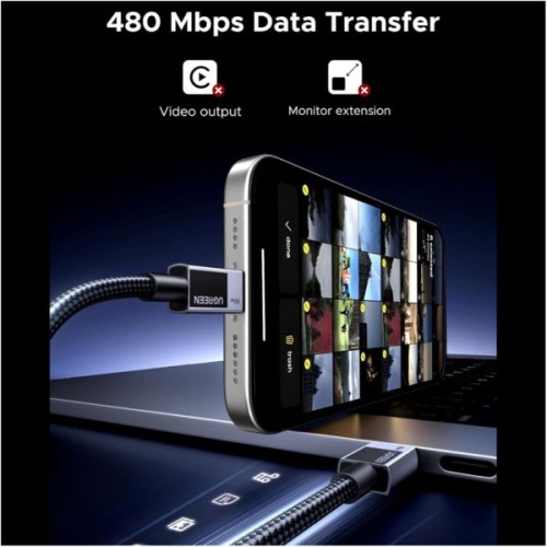 Дата кабель USB-C to USB-C 0.5m PD60W 3A braided L524 gray Ugreen (55764)