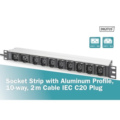 Силовий блок 19" 1U w/PDU 8xC13, 2xC19, 16A, 250V, вилка C20 Digitus (DN-95427)