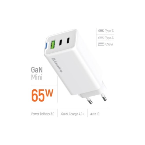 Зарядний пристрій ColorWay GaN Mini 65W PD Port PPS USB (USB-2C1A) white (CW-CHS058PD-WT)