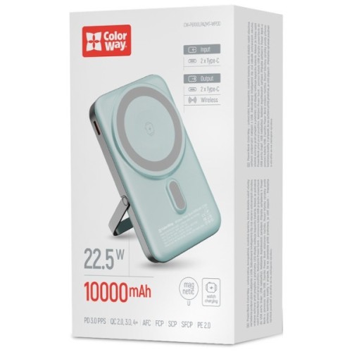 Батарея універсальна ColorWay 10 000 mAh PD/22.5W, 15W MagSafe & Watch Wireless Aquamarine (CW-PB100LPA2MT-WPDD)