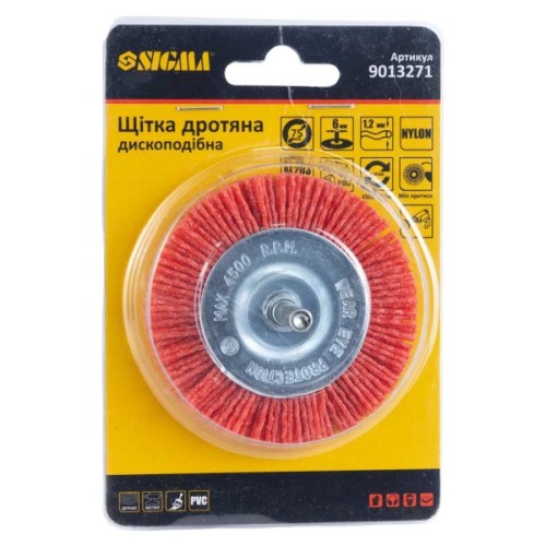 Щітка для електроінструменту Sigma дротяна дископодібна 75мм хвостовик 6мм нейлонова 9013271 (9013271)