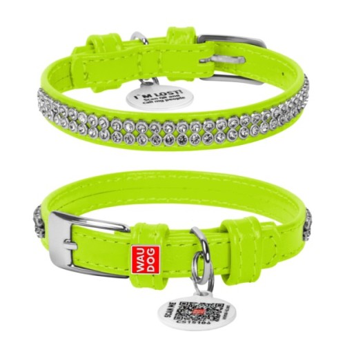 Нашийник для тварин WAUDOG Glamour з QR-паспортом "Стрази" XS Ш 12 мм салатовий (33085)