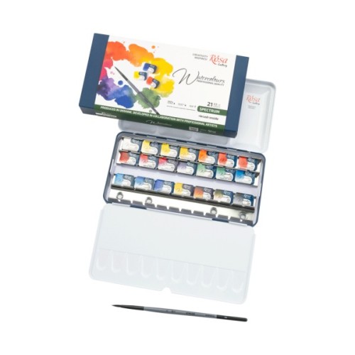 Акварельні фарби Rosa Gallery SPECTRUM, 21*2,5мл, з пензлем, кювета Індіго металевий пенал (4823098544777)
