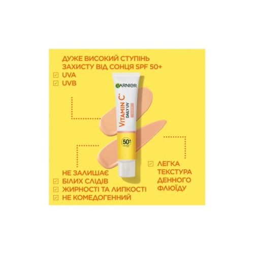 Засіб від засмаги Garnier Skin Naturals Сонцезахисний денний флюїд з Вітаміном С SPF50+ 40 мл (3600542573023)