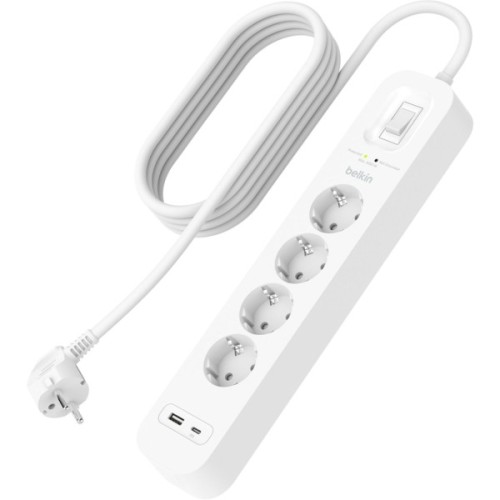 Мережевий фільтр живлення Belkin 4хТипF, 16А, USB-A/USB-C 18Вт, 2м (SRB001VF2M-V2)
