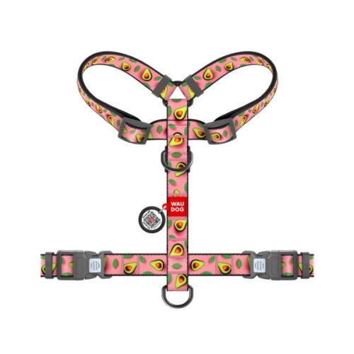 Шлея для собак WAUDOG H-подібна анатомічна Nylon з QR адресником "Авокадо на рожевому" пластиковий фастекс М (344-4051)
