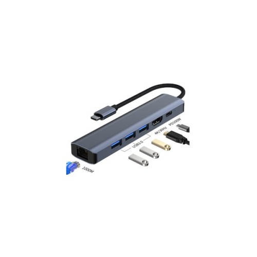 Концентратор Dynamode 7-in-1 USB-C to HDTV 4K/30Hz, 2хUSB3.0, RJ45, USB-C PD 100W, SD/MicroSD (BYL-2303)