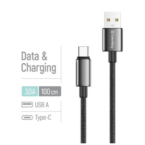 Дата кабель USB 2.0 AM to USB-C 1.0m 3A zinc alloy braided black ColorWay (CW-CBUC098-BK)