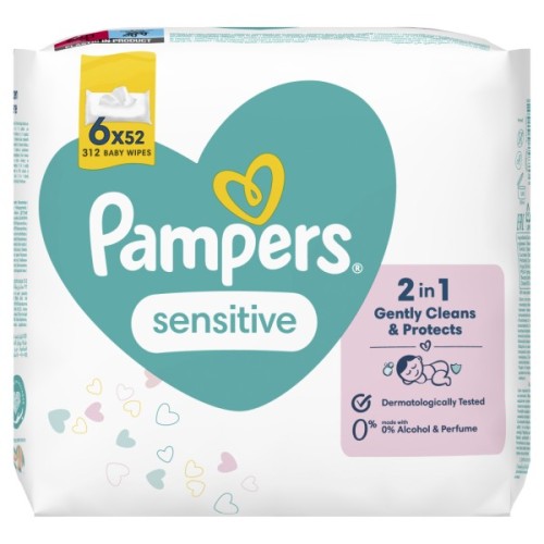 Дитячі вологі серветки Pampers Sensitive 6 пачок х 52 шт (8001841041452)