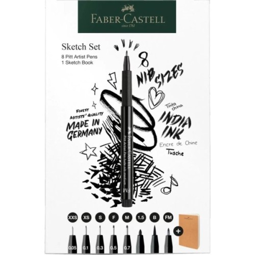 Лайнер Faber-Castell набір ручок капілярних та блокнот Sketch Set колір чорний (XXS, XS, S, F, M, 1,5, B, FM) (32468)