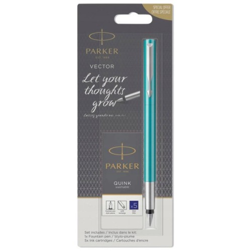 Ручка пір'яна Parker VECTOR 17 Blue-Green FP M Картриджі Parker Quink /5шт. сині змивані блістер (05 616b)