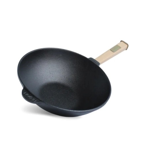 Сковорода Brizoll чавунна WOK з дерев'яною ручкою та скляною кришкою 2,8 л 260х80 мм (W26H-6)