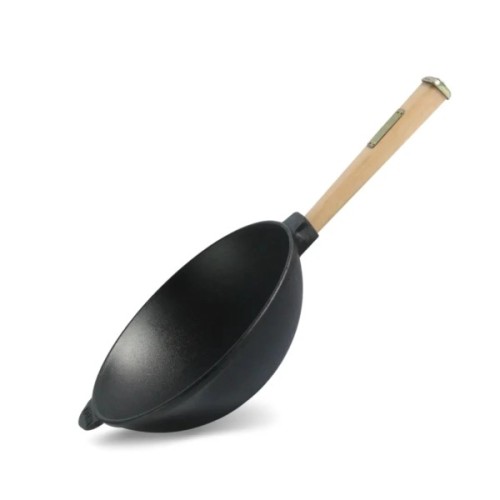 Сковорода Brizoll чавунна WOK з дерев'яною ручкою та скляною кришкою 2,8 л 260х80 мм (W26H-6)