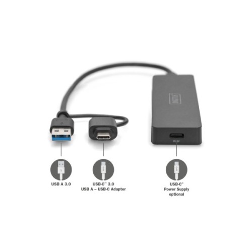 Концентратор Digitus USB-C + USB-A to 4xUSB-A 0.2m black (DA-70235)