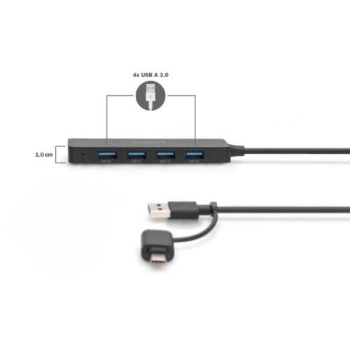 Концентратор Digitus USB-C + USB-A to 4xUSB-A 0.2m black (DA-70235)