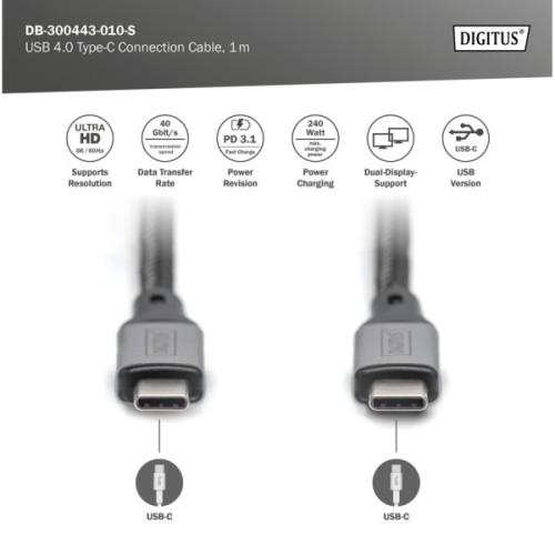 Дата кабель USB-C to USB-C 1.0m USB 4.0 black Digitus (DB-300443-010-S)