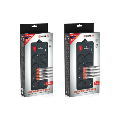 Мережевий фільтр живлення REAL-EL RS-PROTECT 805 3m, black (EL122300043)
