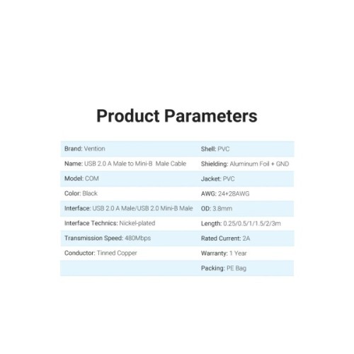 Дата кабель USB 2.0 AM to Mini 5P 2.0m black Vention (COMBH)