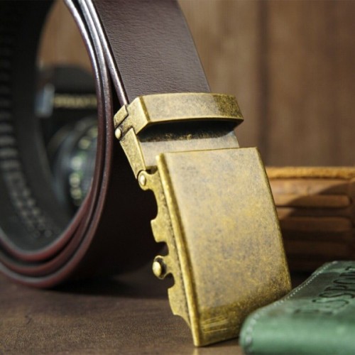 Ремінь Vintage Чоловічий з латунною пряжкою автомат Коричневий (20264)