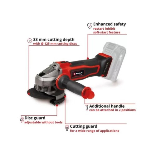 Шліфувальна машина Einhell TE-AG 18/125-2 Li-Solo, 18V, 125мм, 8500об/хв, 1.69кг (без АКБ та ЗП) (4431168)