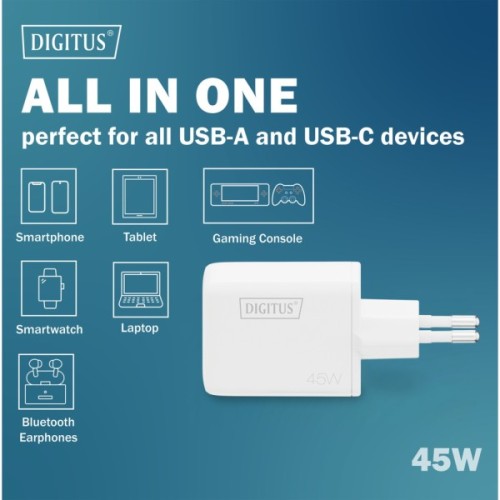 Зарядний пристрій Digitus 1xUSB-C + 1xUSB PD45W GaN white (DA-10302)