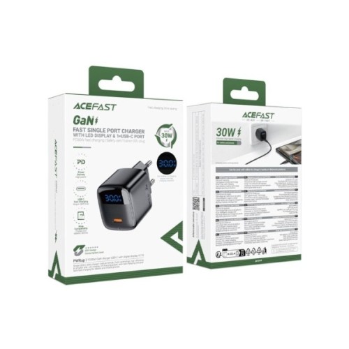 Зарядний пристрій Acefast USB-C 20W GaN + cable USB-C with digital display black (6974316284420)