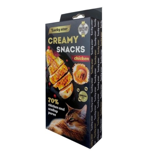 Ласощі для котів Lucky Star Лагідне пюре з м'яса курки та тихоокеанських морських гребінців у стіках 10 г (4820281500190)