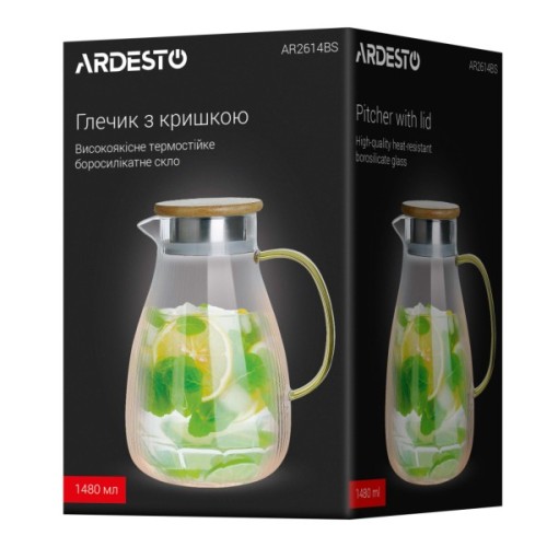 Глечик Ardesto 1480мл, боросилікатне скло, бамбук, прозорий (AR2614BSB)