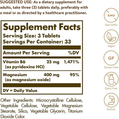 Мінерали Solgar Магній з вітаміном B6, Magnesium with Vitamin B6, 100 таблет (SOL01720)