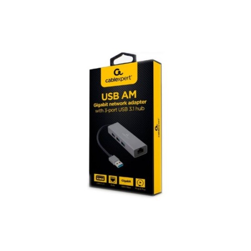 Концентратор USB-A to Gigabit Ethernet, 3 Ports USB 3.1 Gen1 Cablexpert (A-AMU3-LAN-01)